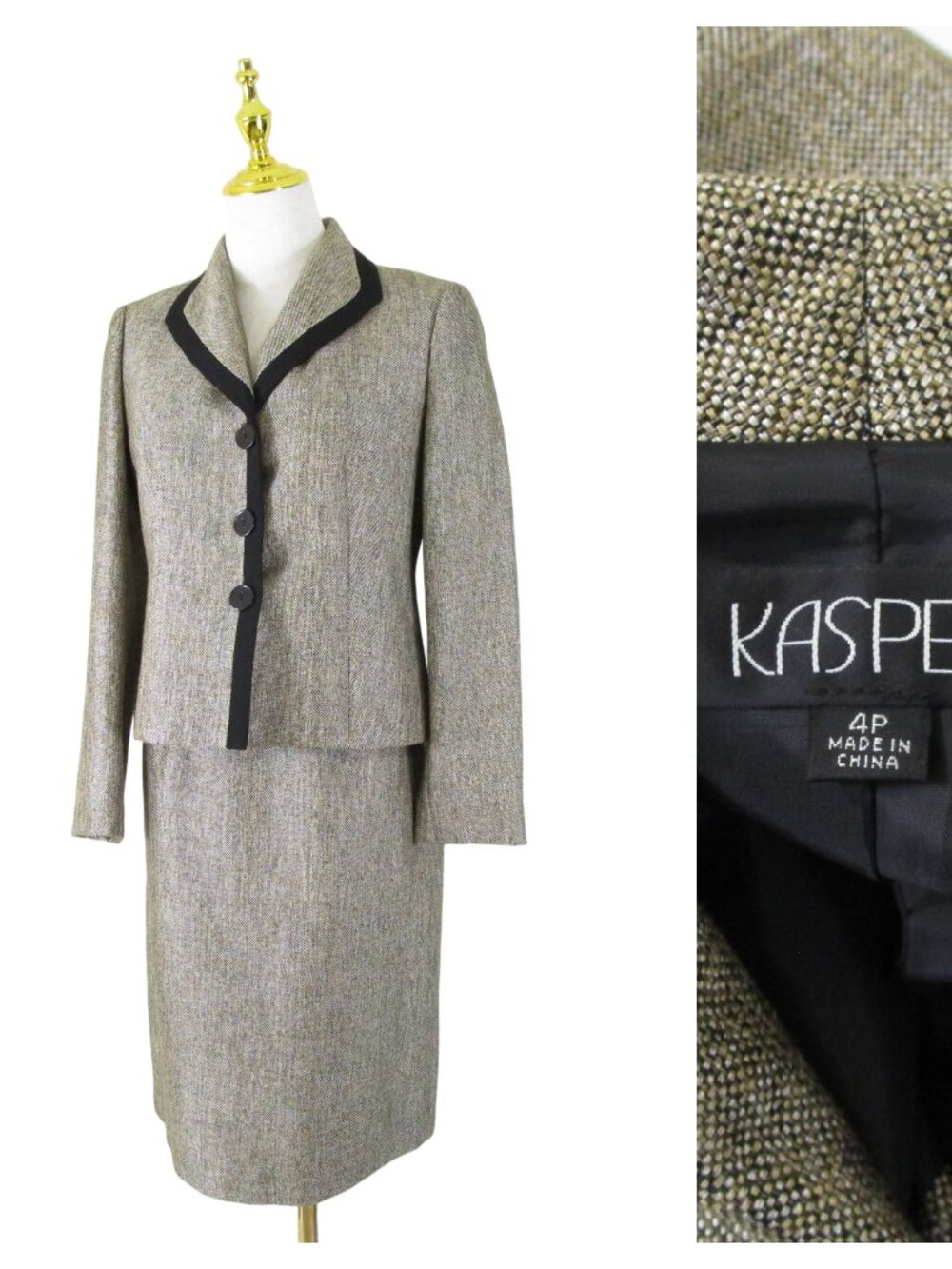 Kasper Womens Petite Light Gray Beige Skirt Suit Size 4P Formal Business Career